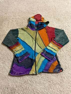 Shop Therapy Nepal Patchwork Rainbow Hippie Boho Peace Sign Zip Up Hoodie